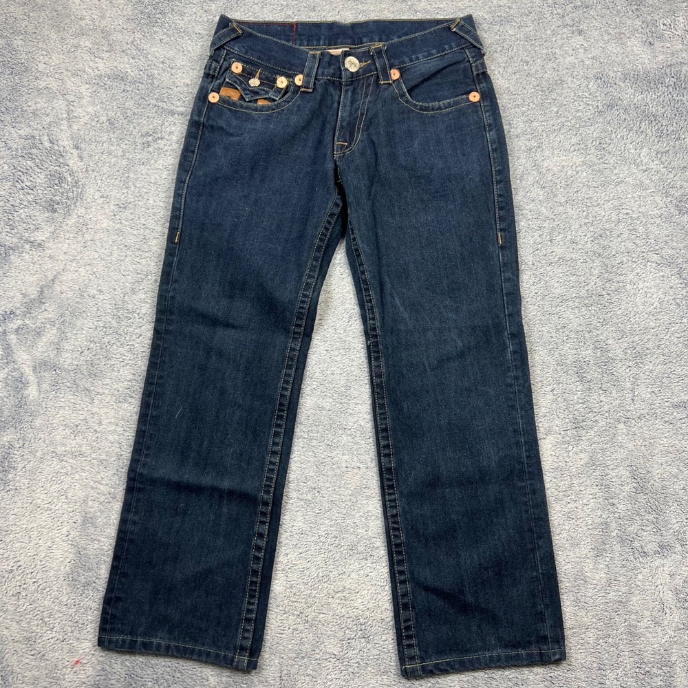 True Religion Mens 32(31)x29 Dark Billy Super T Straight Leg Leather Horseshoe